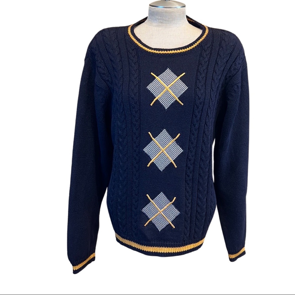 Vintage, Cable Knit, Argyle, Houndstooth, Navy Blue and Yellow, Sweater